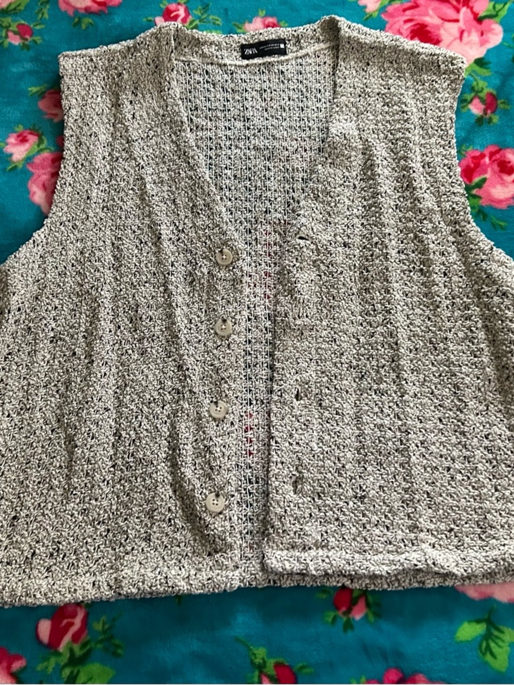 Zara Cream Open-Knit Button Front Women's Vest